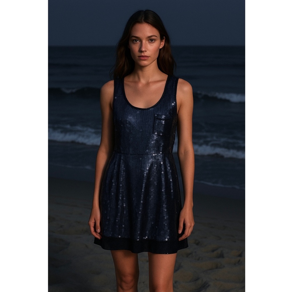 SEA New York Square Navy Metallic‎ Sequin Sleeveless Scoop Neck Shift Dress 6